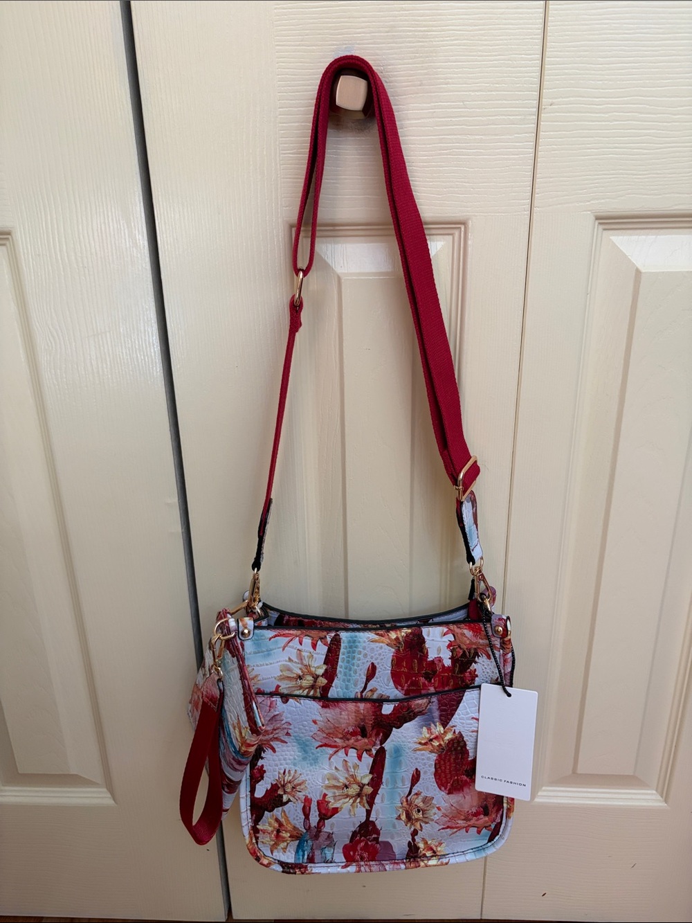 Floral Crossbody Bag in Red and Multicolor with Wristlet
